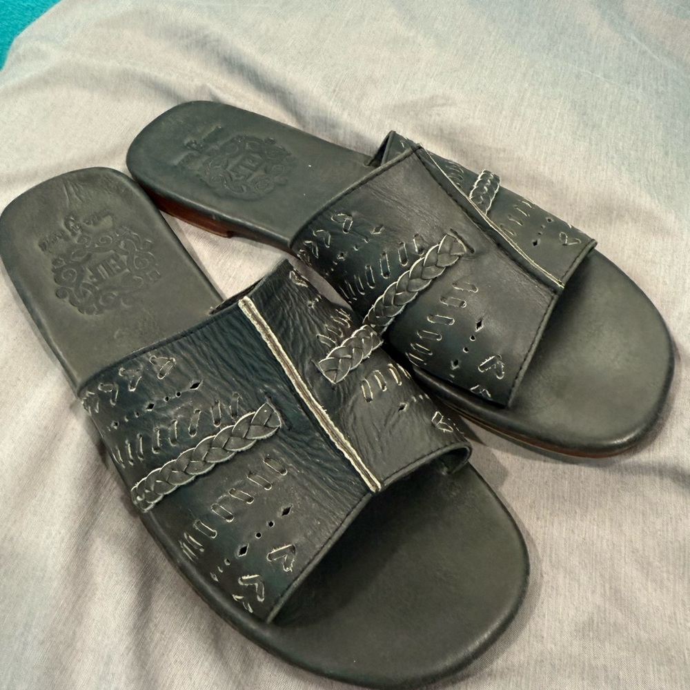 GUC Elf Black Leather Handmade Sandals with Embroidered Details